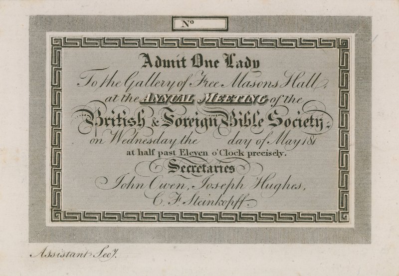 Bilhete de admissão para a Sociedade Bíblica Estrangeira Anual no Freemasons Hall de English School