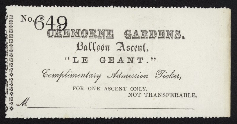 Bilhete de admissão para a subida do balão Le Geant de Cremorne Gardens, Londres de English School