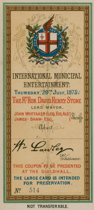 Ingresso para a International Municipal Entertainment no Guildhall, Londres, em 29 de julho de 1875 de English School