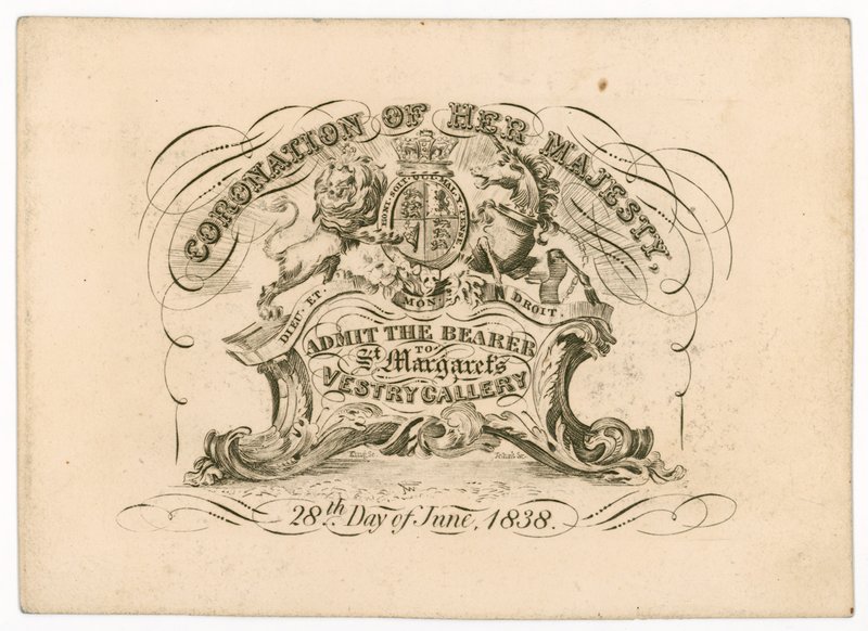 Bilhete de entrada para a Galeria St Margarets Vestry, para a coroação da Rainha Vitória, 28 de junho de 1838, em frente de English School