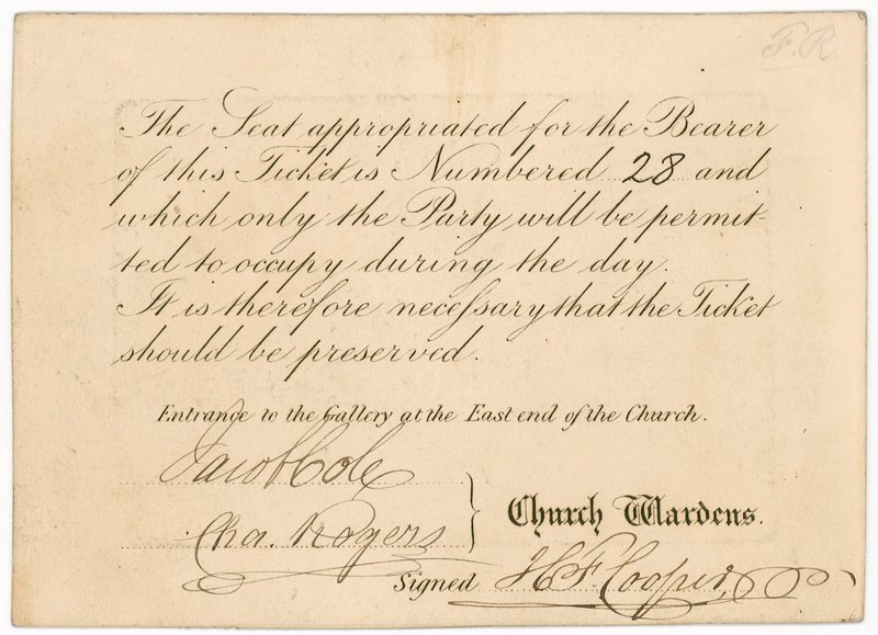 Bilhete de entrada para St Margarets Vestry Gallery, para a coroação da Rainha Vitória, 28 de junho de 1838, reversa de English School