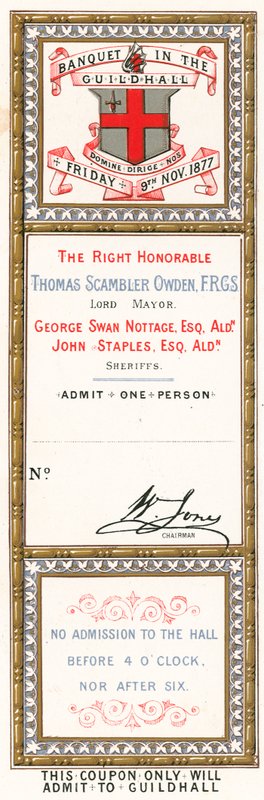Bilhete de entrada para um banquete no Guildhall, Londres, em 9 de novembro de 1877 de English School