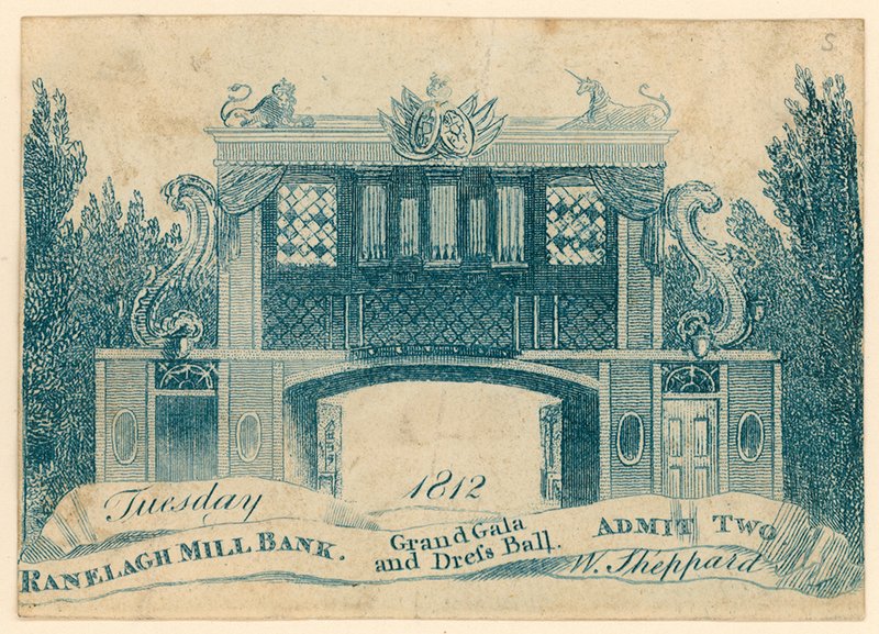 Bilhete de entrada para uma grande festa de gala e baile em Ranelagh Gardens, Millbank, Londres. 1812 de English School