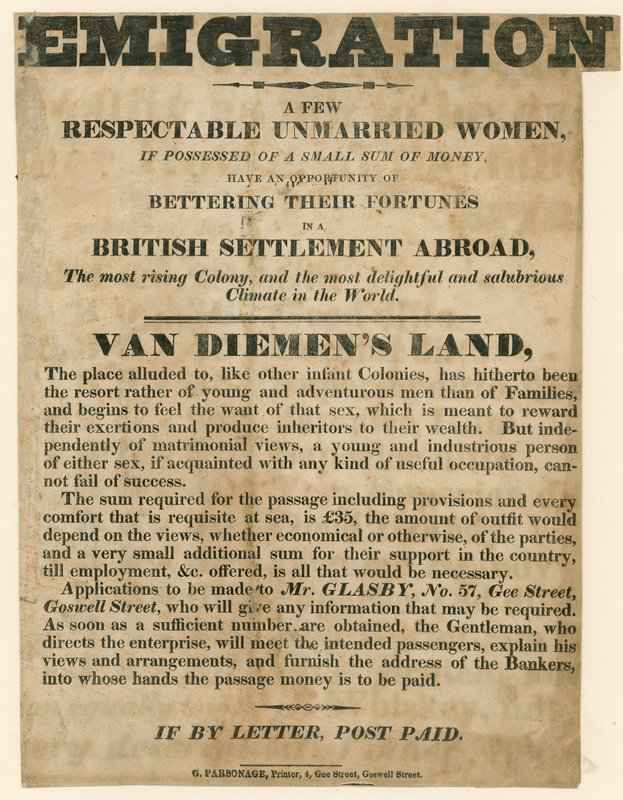 Anúncio relacionado com a emigração de mulheres jovens para Van Diemens Land de English School