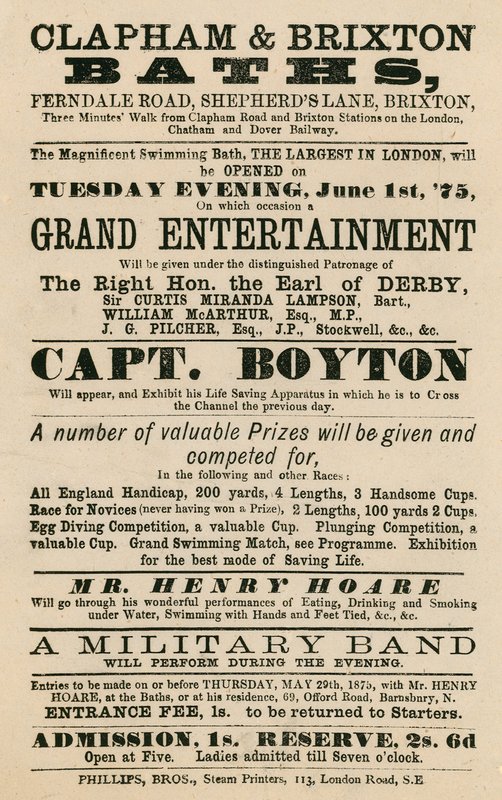 Anúncio para Clapham e Brixton Baths, Estrada Ferndale, Shepherds Lane, Brixton, Londres; apresentando o Capitão Boyton de English School
