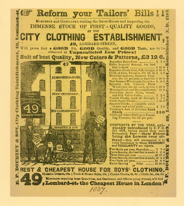 Anúncio para Doudney & Son, estabelecimento de vestuário da cidade, 49 Lombard Street, Londres de English School