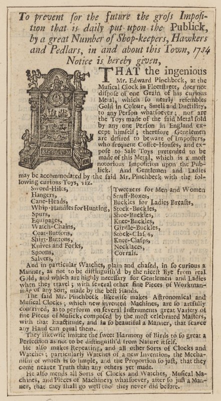 Anúncio para Edward Pinchbeck, Relógio Musical, Fleet Street, Londres, de 1734 de English School