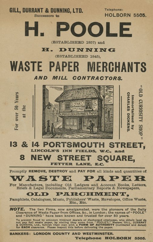 Anúncio para H Poole e H Dunning, comerciantes de papel e empreiteiros de moinho de English School
