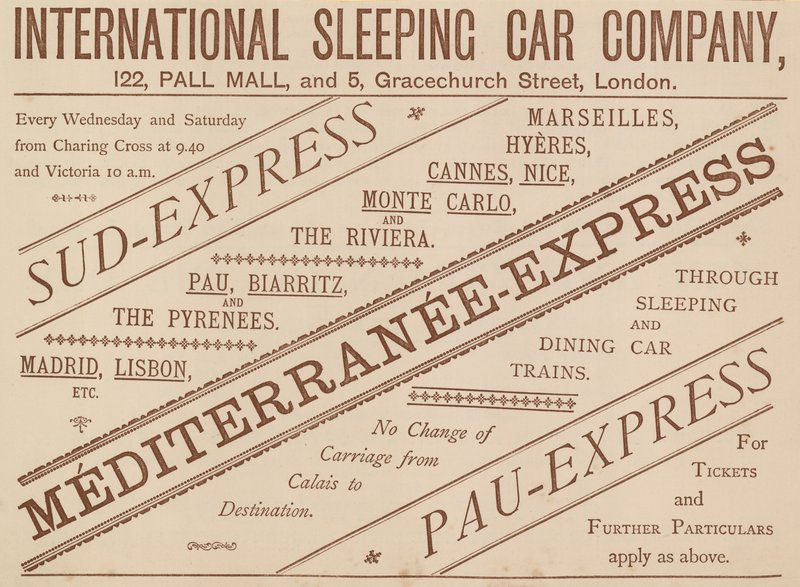 Anúncio para International Sleeping Car Company, 122 Pall Mall e 5 Graceshurch Street, 1888 de English School