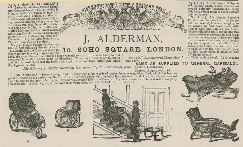 Anúncio de J Alderman, fabricante de carruagens para inválidos (gravura) de English School