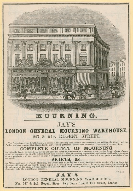 Anúncio para Jays, Londres General Mourning Warehouse, 247 e 249 Regent Street, Londres de English School