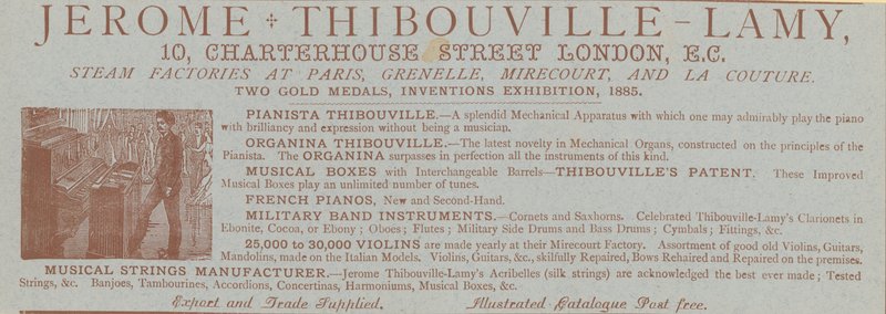 Anúncio para Jerome Thibouville-Lamy, 10 Charterhouse Street, Londres, fabricante de instrumentos de English School