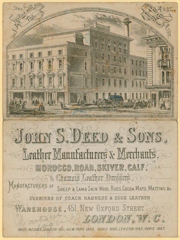 Anúncio de John S Deed & Sons, fabricantes de couro e comerciantes, 451 New Oxford Street, London de English School