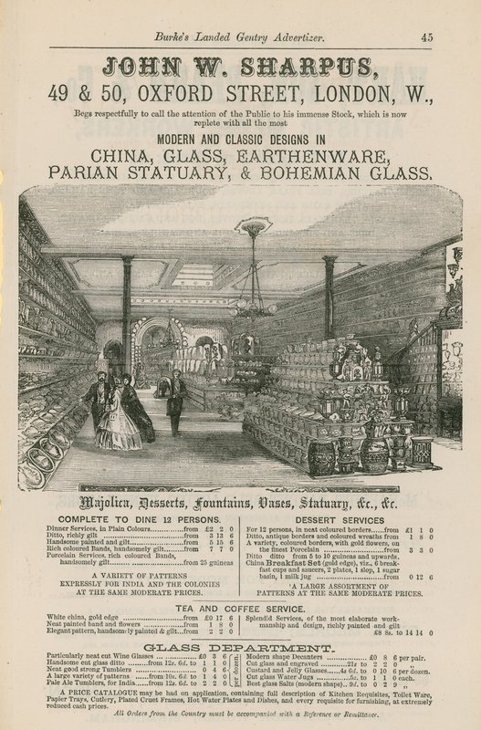 Anúncio para John W Sharpus, desenhos modernos e clássicos na china, vidro, barro, estátuas parianas e vidro boêmio de English School