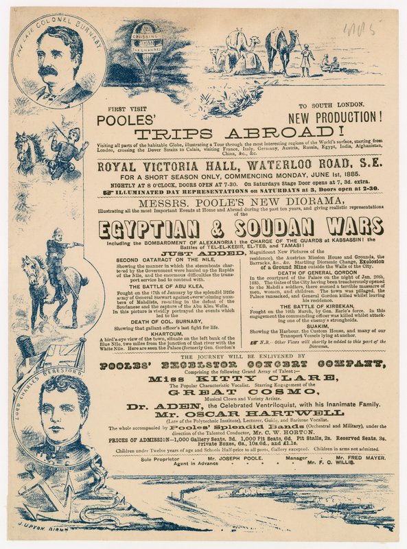 Anúncio para viagens de Joseph Pooles no exterior, Royal Victoria Hall, estrada de Walterloo, Londres de English School