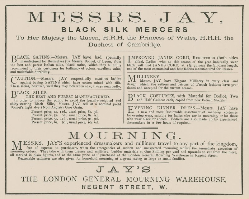 Anúncio para os senhores Jay, o armazém de luto geral de Londres, Regent Street de English School