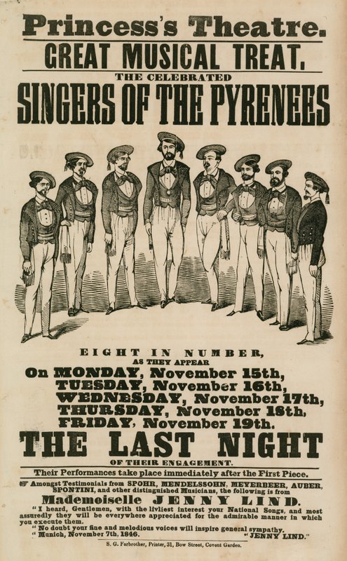 Anúncio para Princesss Theatre, em Londres, com os cantores dos Pirinéus de English School