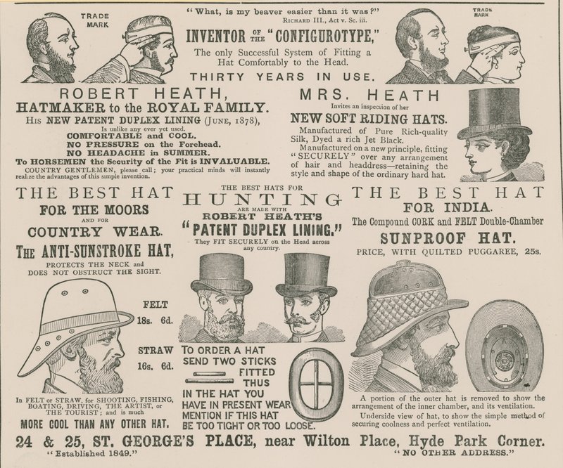 Anúncio de Robert Heath, chapeleiro da família real de English School