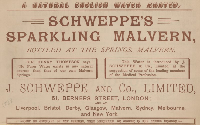 Anúncio para Schweppes Espumante Malvern, engarrafado nas molas, Malvern de English School