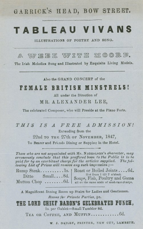 Anúncio de Tableau Vivans, ilustrações de poesia e música, Garricks Head, Bow Street, Londres de English School