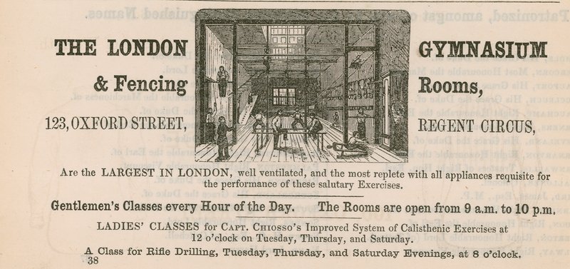 Anúncio para o London Gymnasium & Esgrima Rooms, 123 Oxford Street, Regent Circus de English School
