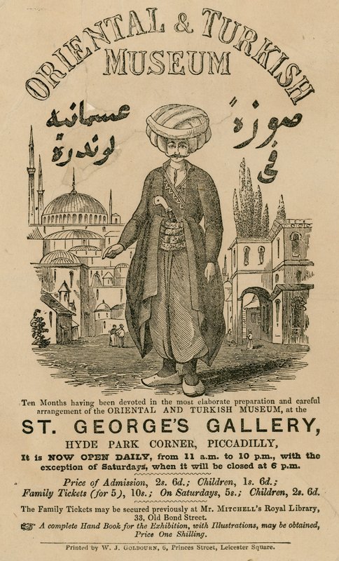 Anúncio para The Oriental and Turkish Museum na Galeria St Georges, Hyde Park Corner, Piccadilly, Londres de English School