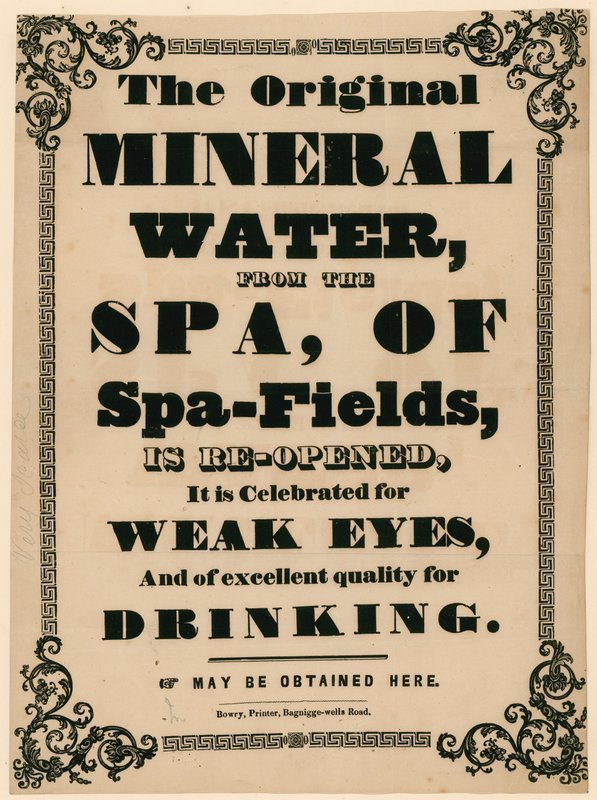 Anúncio para a água mineral original do Spa of Spa-Fields de English School