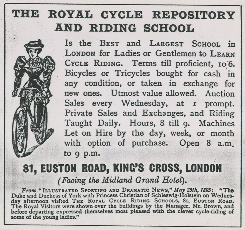 Anúncio para o Royal Cycle Repository and Riding School de English School