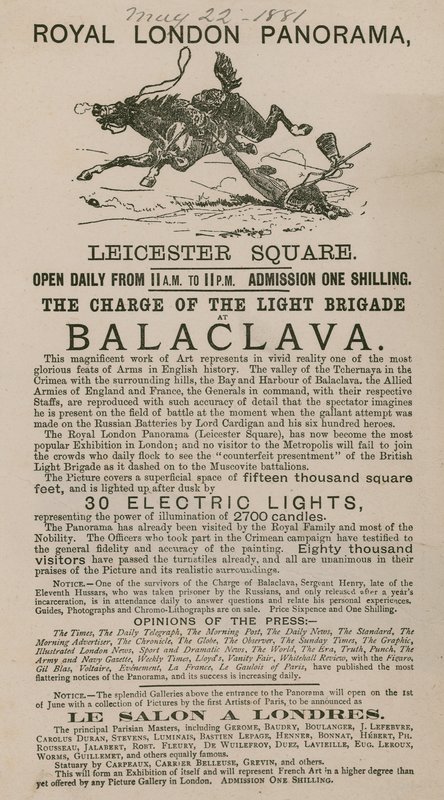 Anúncio para o Royal London Panorama com o Charge of the Light Brigade em Balaclava de English School