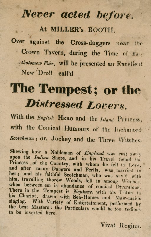 Anúncio para a tempestade; ou The Distressed Lovers, apresentado no Millers Booth, Cross Daggers, perto da Crown Tavern de English School
