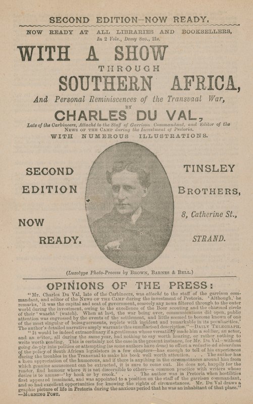Anúncio para com uma mostra através da África meridional por Charles Du Val de English School