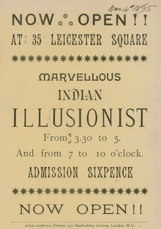 Anúncio para um Illusionist indiano que aparece em 35 Leicester Square, Londres de English School