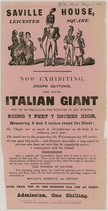 Anúncio para uma aparição de Joseph Gantonio, o jovem gigante italiano de English School