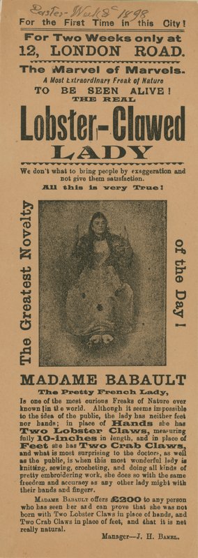 Anúncio para uma aparição de Madame Babault, a senhora com garras de lagosta de English School