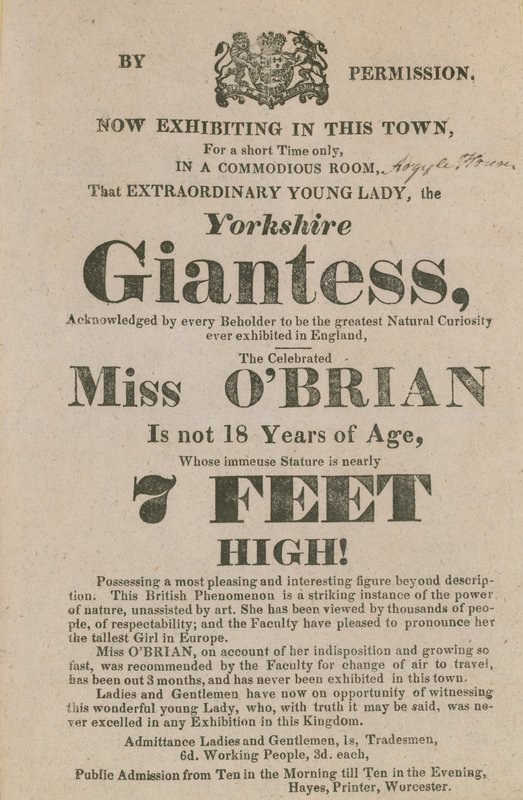 Anúncio para uma aparição de Miss OBrian, o Yorkshire Giantess de English School