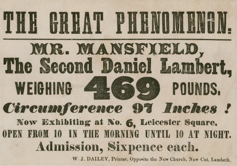 Anúncio para uma aparição do Sr. Mansfield, um segundo Daniel Lambert, pesando 469 libras de English School