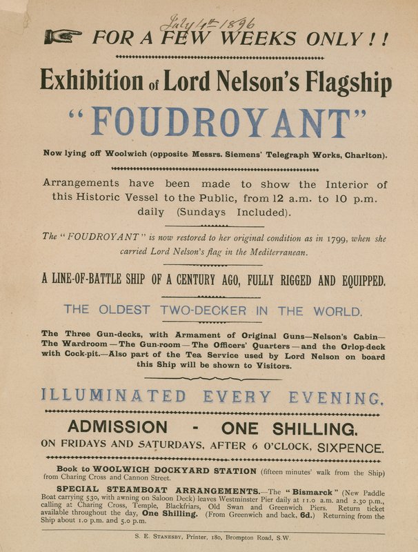 Anúncio para uma exposição de Lorde Nelsons emblemática Foudroyant de English School