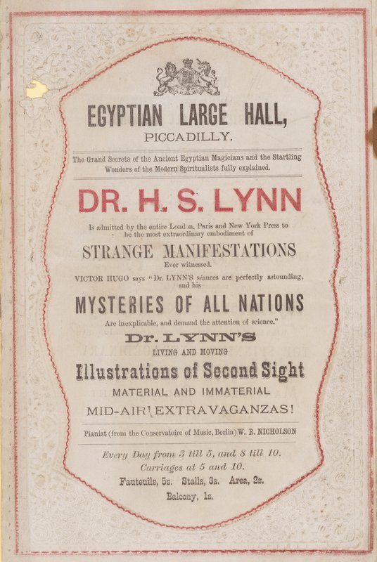 Anúncio para a aparição do Dr. HS Lynn no Salão Egípcio de English School