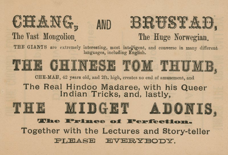 Anúncio para aparições de Chang, Brustad, O chinês Tom Thumb e The Midget Adonis de English School
