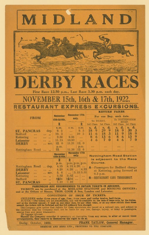 Anúncio para excursão ferroviária para Midland Derby Races, 15 a 17 de novembro de 1922 de English School