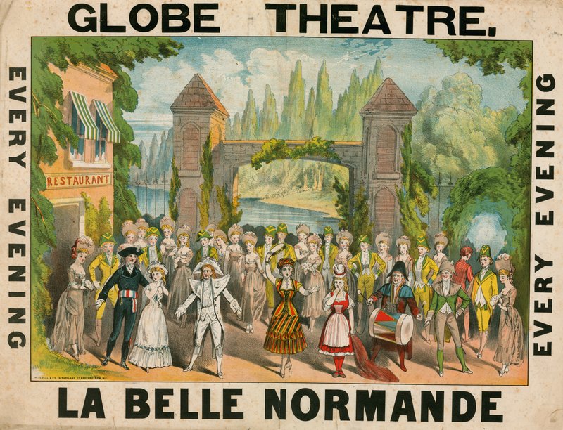 Anúncio para o Globe Theatre, em Londres, para La Belle Normande de English School