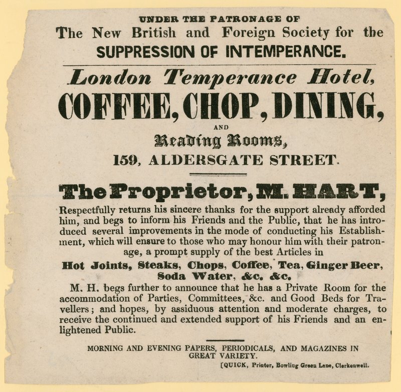 Anúncio para o London Temperance Hotel, sob o patrocínio da Nova Sociedade Britânica e Estrangeira para a Supressão da Intemperança de English School