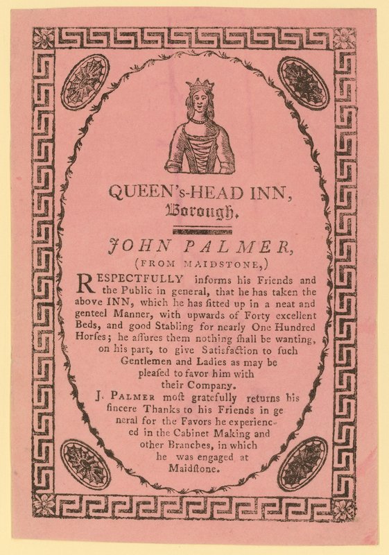 Anúncio para o Queens Head Inn, Borough, Londres de English School