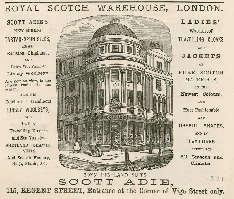 Anúncio para o Royal Scotch Warehouse, 115 Regent Street, Londres de English School