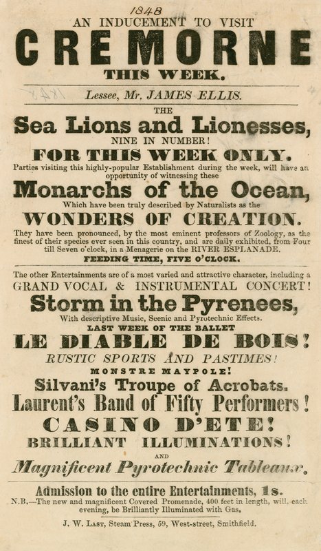 Anúncio para o aparecimento de leões marinhos e leoas em Cremorne Gardens, Londres, em 1848 de English School