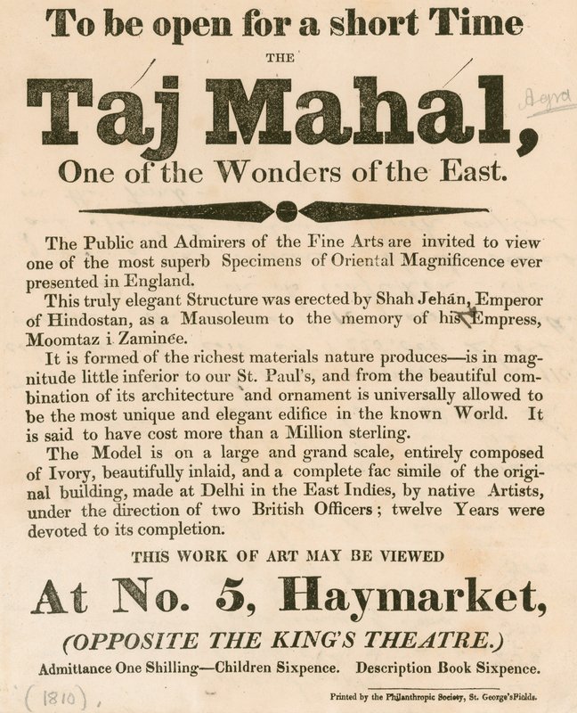 Anúncio para a exposição de um modelo do Taj Mahal em 5 Haymarket, Londres de English School