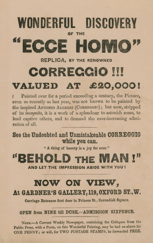 Anúncio para a exposição de uma réplica da pintura Ecce Homo por Correggio (Antonio Allegri) de English School