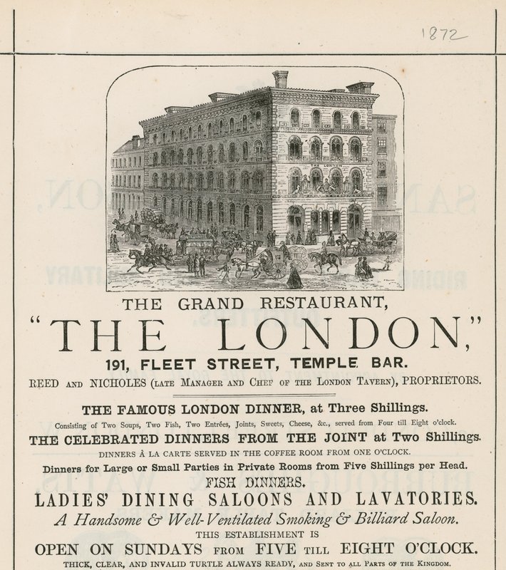 Anúncio para o grande restaurante The London, 191 Fleet Street, Temple Bar de English School
