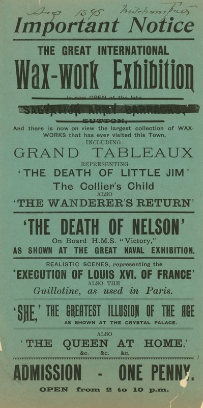 Anúncio para a grande Exposição Internacional de Cera, Feira de Mitcham, agosto de 1895 de English School