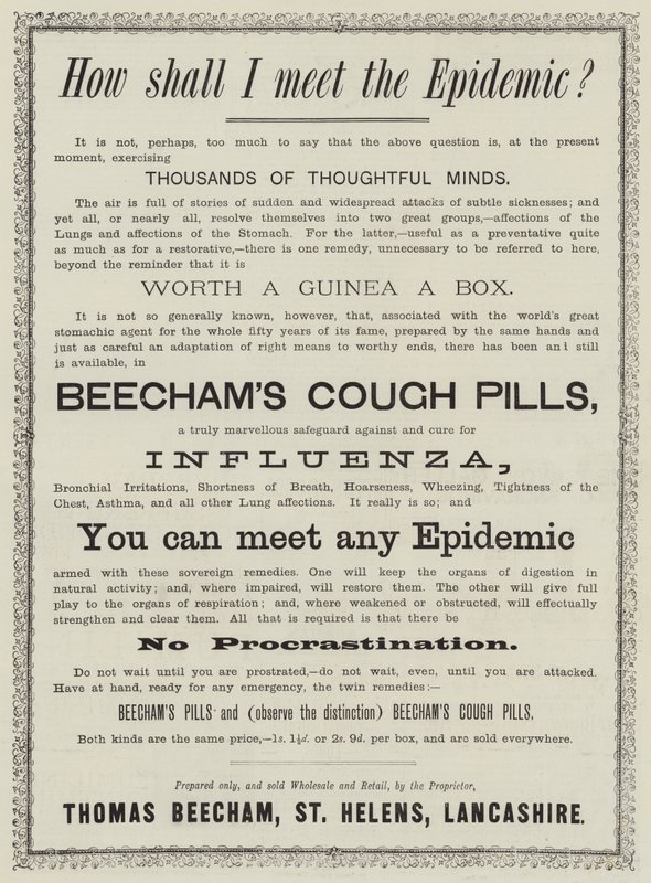 Anúncio, comprimidos para a tosse de Beecham (gravura) de English School